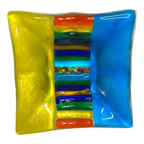 Fused Glass Rainbow Design Colorful Square Trinket Dish Ring Holder Vanity Decor - Picture 10 of 10